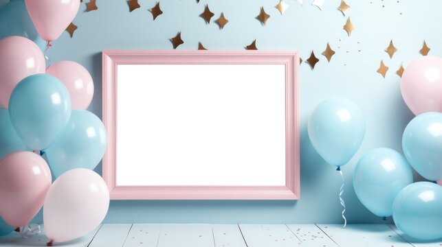 gender reveal birthday party frame blue and pink balloons, ai