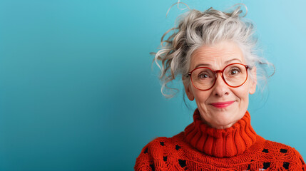 Portrait of a cheerful middle-aged woman in trendy glasses and a red sweater against a blue background