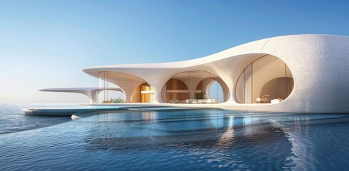 A white modern building with arches on the side overlooking the sea and clear blue sky. The structure is designed with symmetrical curves, creating a harmonious balance between natural beauty and arch