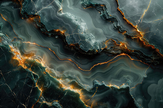 Aerial View Of Dark Teal And Gold Marble Pattern. Created With Ai