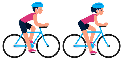 Man and woman riding racing bicycles, flat vector illustration. Male and female sports cyclists, simple cartoon style.