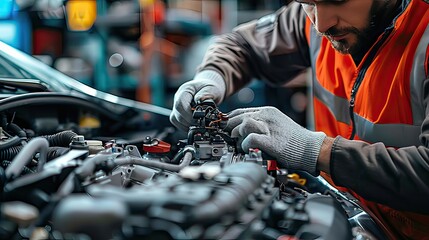 repairman hands repairing a car engine automotive workshop with a wrench, Automobile mechanic car service and maintenance, Repair service	 - obrazy, fototapety, plakaty