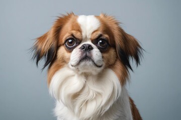Portrait of Japanese Chin dog looking at camera, copy space. Studio shot.