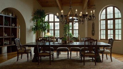 interior of a restaurant,Luxurious estate home formal dining room,Table and chairs in ornate dining room

