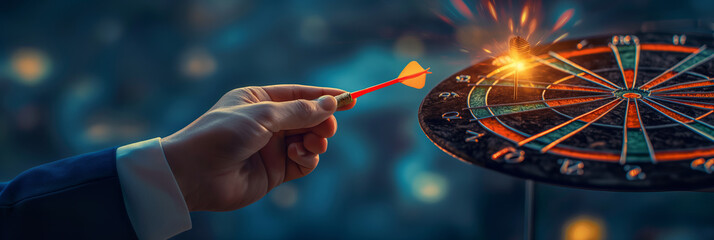 A close-up of a dart in hand about to hit the bullseye, symbolizing accuracy and achievement - Powered by Adobe