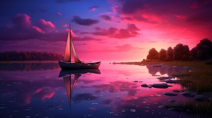 The calmness of twilight descends upon the scene, with the solitary boat adrift on the serene waters as the sun sets in a blaze of colors