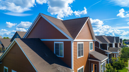 Wide sweeping aerial perspective of a unique umber house with siding, illustrating the rich color palette of suburban homes under a vibrant blue sky.