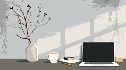 Table with laptop plant branches in vase and cup of coffee