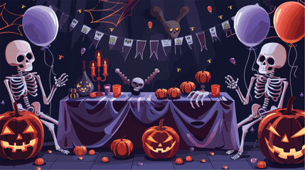 Table with skeletons Halloween pumpkin and balloons 