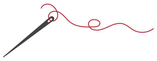 Sewing needle with a long red thread. Vector needle and red thread icon on a white background. Vector illustration.