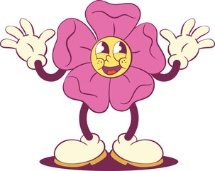 Retro groovy cartoon flower mascot character