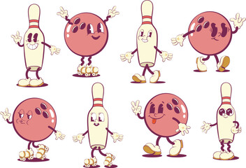 Retro groovy bowling mascot characters