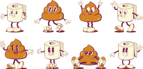 Poop and toilet paper retro mascot characters