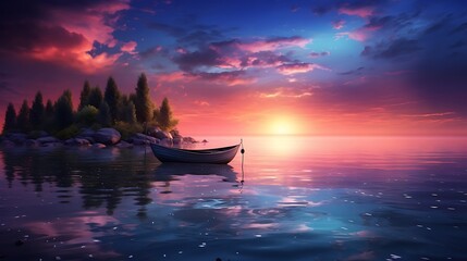 The peaceful ambiance of twilight envelops the scene, with the solitary boat resting quietly by the shore as the sky transforms into a canvas of vibrant hues - obrazy, fototapety, plakaty