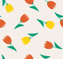 Fototapeta premium Abstract floral seamless pattern. Botanical print in retro pastel colors. Groovy yellow and red tulips flowers on a beige background. Vector illustration for wrapping paper, textiles 