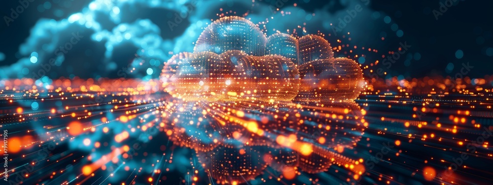Poster cloud computing platforms 3d rendering: global communication impact with digital nodes and data stre