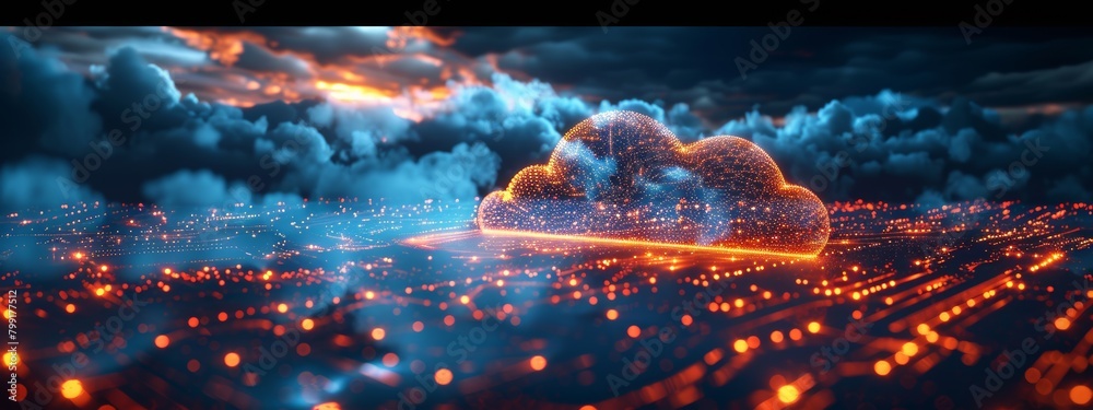 Poster cloud computing platforms 3d rendering: global communication impact with digital nodes and data stre