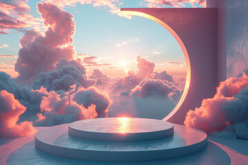 A podium surrounded by pink clouds, creating an ethereal and dreamy atmosphere. The sky is blue with soft sunlight filtering through the fluffy white clouds. Created with Ai