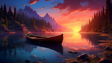 The peaceful solitude of dusk envelops the scene, with the solitary boat gently swaying by the shore as the sun sets in a blaze of colors