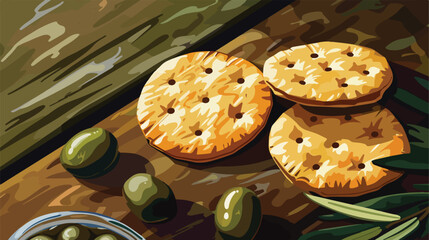 Tasty crackers and olives on table closeup Vector illustration