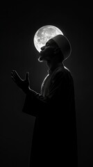 Dramatic silhouette of a contemplative man wearing a skullcap, with the luminous full moon aligned above his head, symbolizing spirituality.