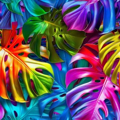 Rainbow Monstera Leaf Seamless Pattern, Texture Exotic Tropical Plant, Modern Rainbow Monstera Tile