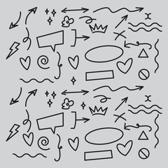 Arrow vector. Hand drawn brush stoke, speech bubble, line, cute doodle glitter pen line elements. vector illustration.