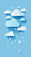 Monsoon. Cumulus clouds and rain drops in liquid azure on electric blue background. Generative AI