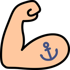 Flexed tattooed bicep emoji symbol. Strong muscle arm with anchor sailor tattoo, cartoon line icon. Vector hand drawn doodle illustration.