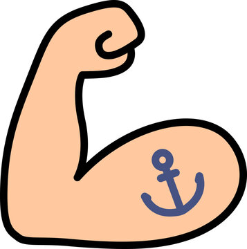 recommend clip art: Flexed tattooed bicep emoji symbol. Strong muscle arm with anchor sailor tattoo, cartoon line icon. Vector hand drawn doodle illustration.