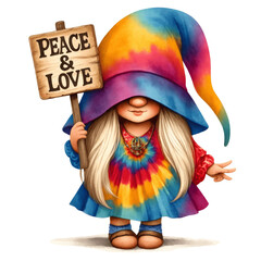 A whimsical gnome girl in a Hippie-style tie-dye colorful dress, holding a wooden sign that reads 'PEACE & LOVE', depicted with a cheerful expression. The gnome has long hair covering her face, reveal