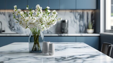 Modern monochrome interior  kitchen Tableware and vases with flowers