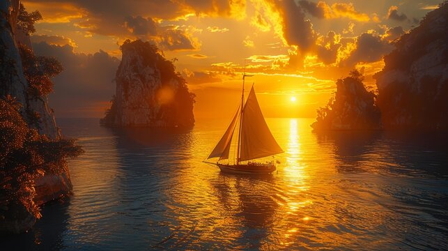 In Caribbean bliss, Sarah and Alex glide on their sailboat, passing by petite islands bathed in the golden light of sunset. 