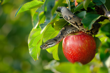 Snake in a apple tree next to a red apple representing original sin. Generative AI