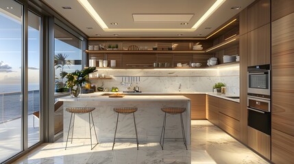 kitchen interior with bar countertop and seats