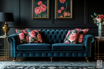 Photographer Chen Man's fashionable photography style features a dark blue velvet fabric sofa with wide armrests. Created with Ai