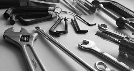 Black And White Tools And Equipment Stock Image. Pliers, Wrenches, Spanners, Screwdrivers, Clamps...