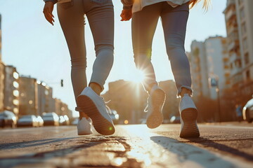 young couple legs running on city street