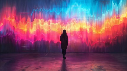 Fototapeta premium The image is a woman standing in a colorful, futuristic city. She is looking up at the tall buildings and the bright lights. The image is full of hope and promise.