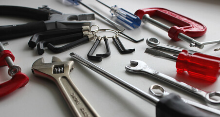 Variety Colors Pliers, Wrenches, Spanners, Screwdrivers, Clamps And Hex Keys Disorderly Scattered...