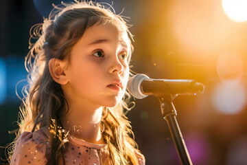 A young girl standing in front of a microphone on a stage singing in spotlight