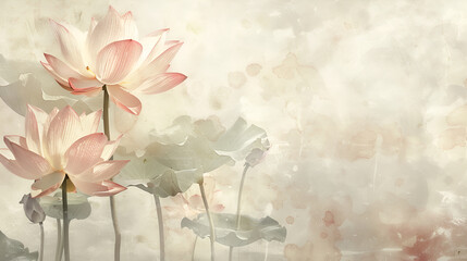 Beautiful lotus flowers in watercolor style. Seamless floral pattern with lotuses on light background, watercolor. Template design for textiles, interior, wallpaper.