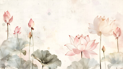 Watercolor illustration of lotus flowers. Seamless floral pattern with lotuses on light background, watercolor. Template design for textiles, interior, wallpaper.