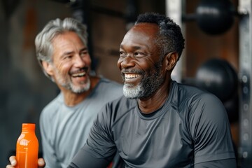 Mature sporty diverse guys laughing together after training in the gym. Cheerful middle aged caucasian man holding protein shake bottle and talking with his African friend in health, Generative AI - Powered by Adobe