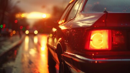 Red car on road at sunset