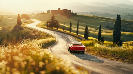 Sport car on a winding road in Tuscany