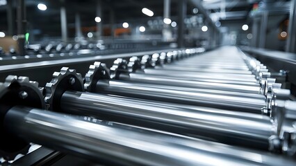 Efficiently Moving Items on a Production Line with Roller Conveyors. Concept Material Handling, Manufacturing Efficiency, Roller Conveyors, Production Line Optimization