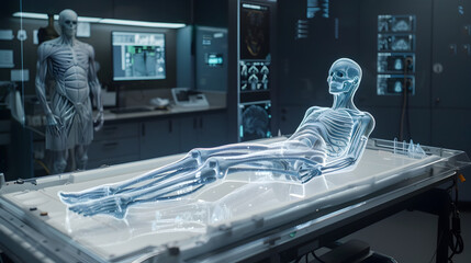 A holographic medical scanner projecting a 3D model of a patient's anatomy for diagnosis.


