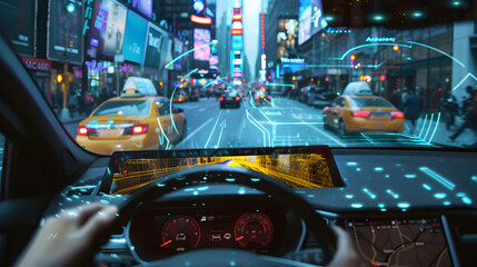 A holographic navigation system guiding a driver through city streets with real-time traffic...