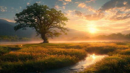 The golden sun sets over a tranquil river and a lush green field with a large tree in the foreground.